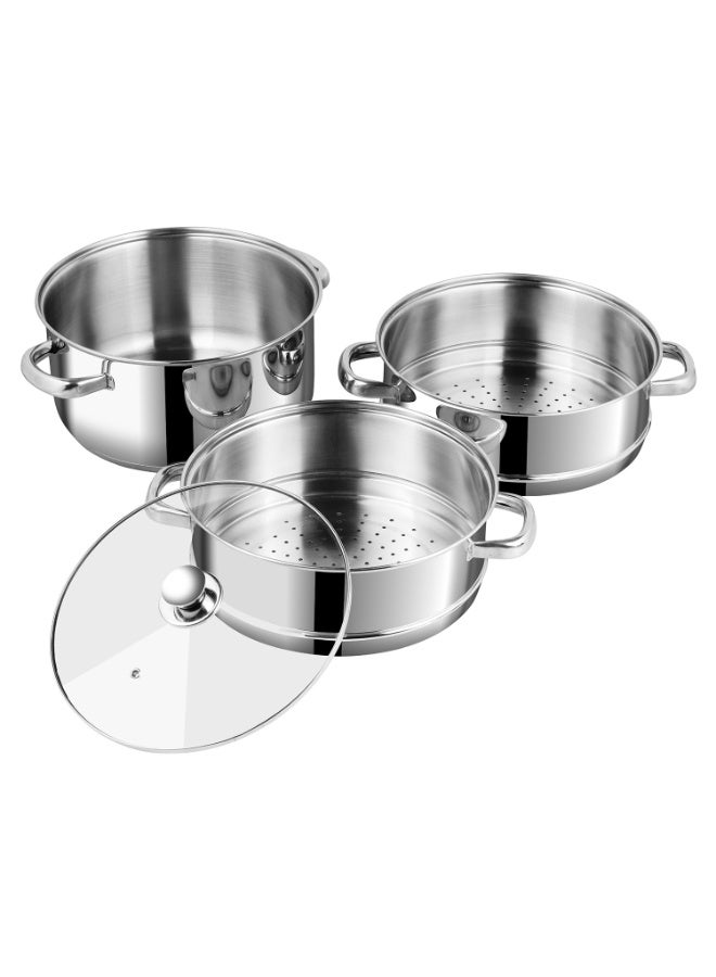 Vinod Stainless Steel 3-Tier Steamer with Glass Lid, 28 cm | 2.5 mm Thick Base | Multi-Purpose Steamer for Momos, Modaks, Vegetables & More | Riveted Handles | Induction & Gas Base - Image 3